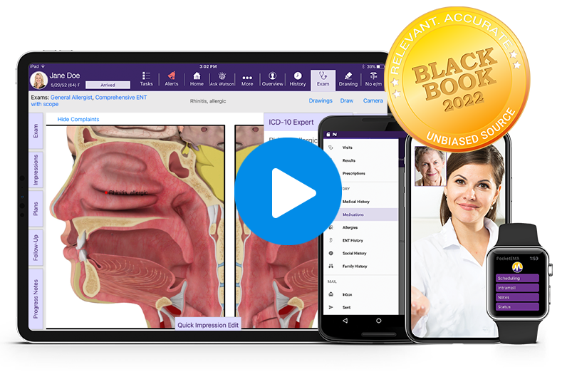 ModMed Otolaryngology software suite on iPad, iPhone, Android phone, and Apple Watch with Black Book seal