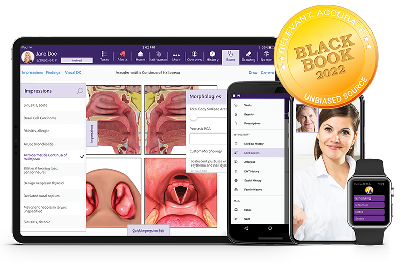 ModMed Otolaryngology software suite on iPad, iPhone, Android phone, and Apple Watch with Black Book seal ModMed Otolaryngology software suite on iPad, iPhone, Android phone, and Apple Watch with Black Book seal