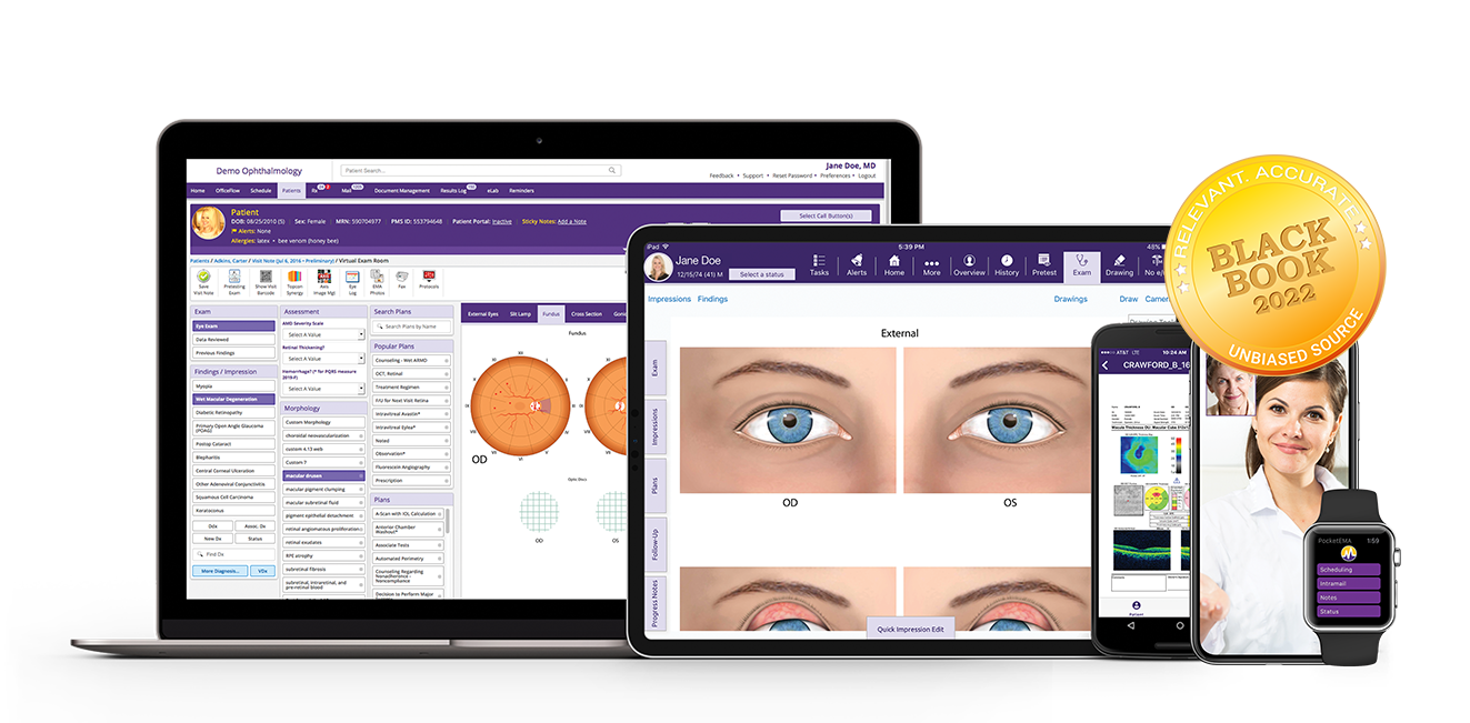 ModMed Ophthalmology as seen through a browser, an iPad, smartphones, and an Apple Watch 