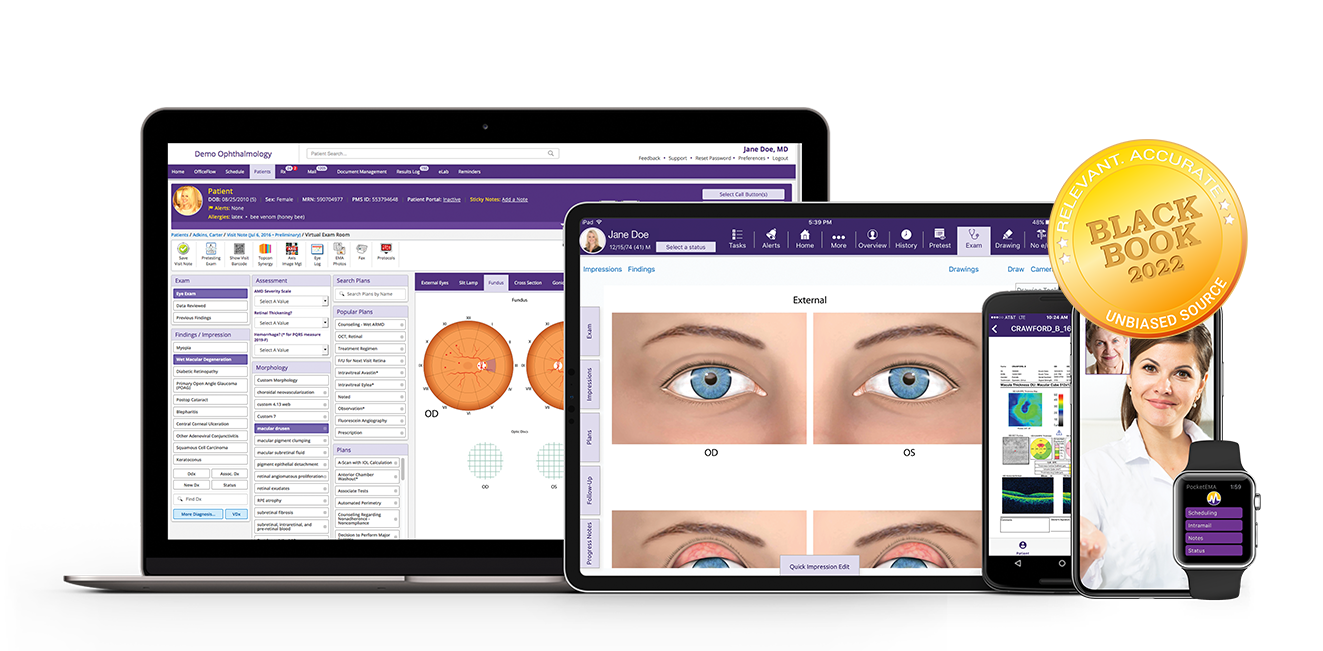 ModMed Ophthalmology as seen through a browser, an iPad, smartphones, and an Apple Watch 