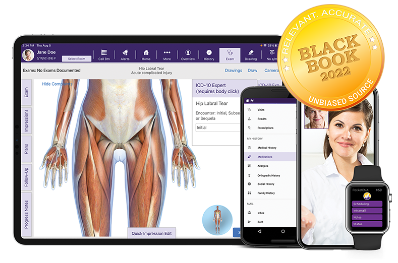 modmed Orthopedics software suite on iPad, iPhone, Android phone, and Apple Watch with Black Book seal