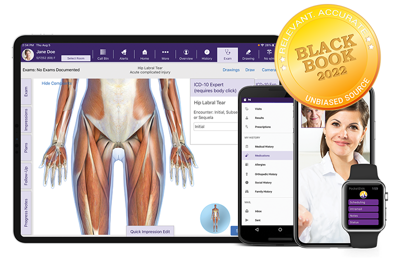 ModMed Orthopedics software suite on iPad, iPhone, Android phone, and Apple Watch with Black Book seal