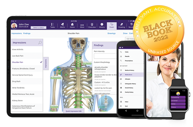ModMed Orthopedics software suite on iPad, iPhone, Android phone, and Apple Watch with Black Book seal ModMed Orthopedics software suite on iPad, iPhone, Android phone, and Apple Watch with Black Book seal