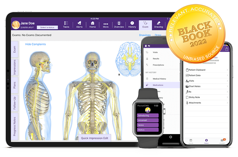 ModMed Pain Management software suite on iPad, iPhone, Android phone, and Apple Watch