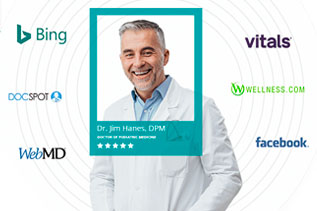 A visual shows how we monitor doctor reviews on various industry websites. A visual shows how we monitor doctor reviews on various industry websites.