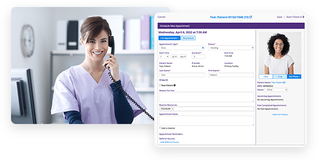 Front-desk staff talking to a patient to set up an appointment. Appointment screen is also shown.