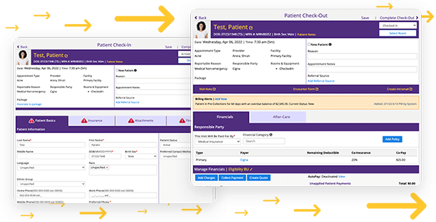 This images shows that at check-in and check-out our Practice Management software shows straightforward financials.