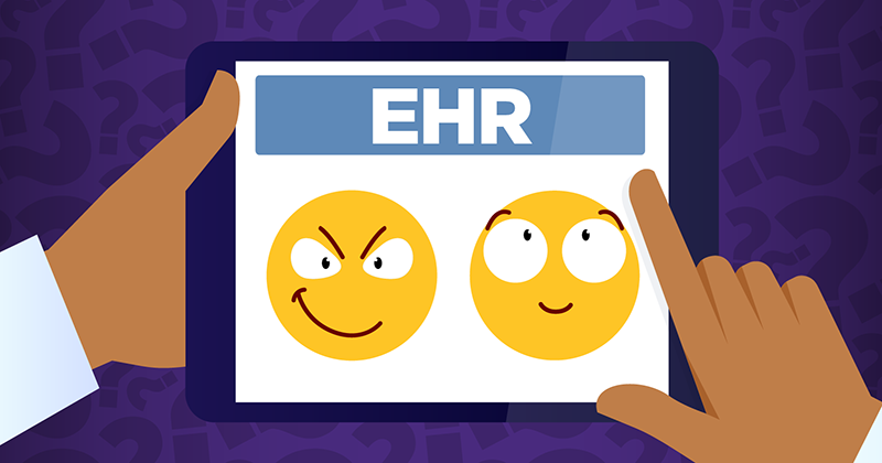 An "EHR" card with a smiley face and a frustrated face on it.