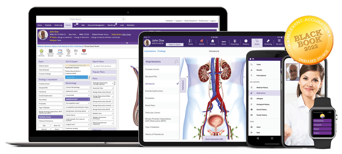 ModMed Urology software appears on a computer, an iPad, smartphones, and an Apple Watch. 
