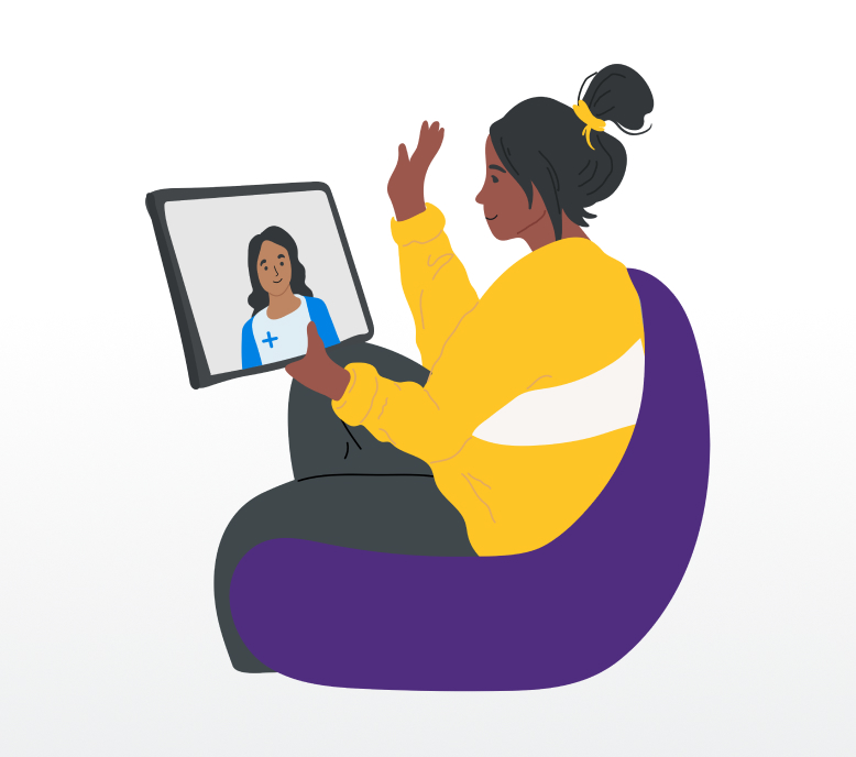 An image of an OBGYN and patient chatting via telehealth.