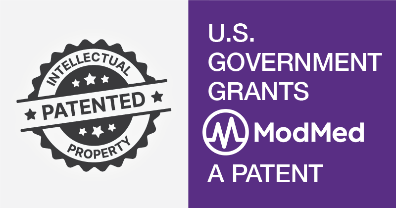 ModMed logo with U.S. Government Grants A Patent text and Intellectual Property Patented seal. ModMed logo with U.S. Government Grants A Patent text and Intellectual Property Patented seal.