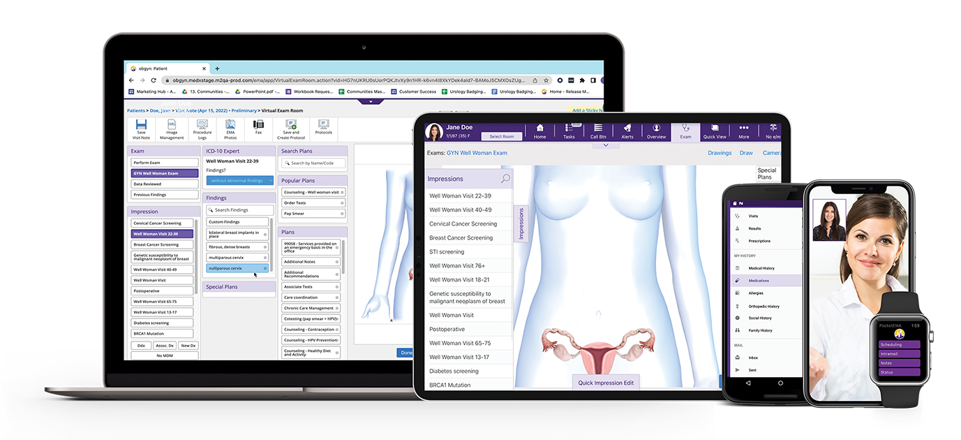 Image of ModMed OBGYN software being displayed on a computer, iPad, smartphone and smartwatch