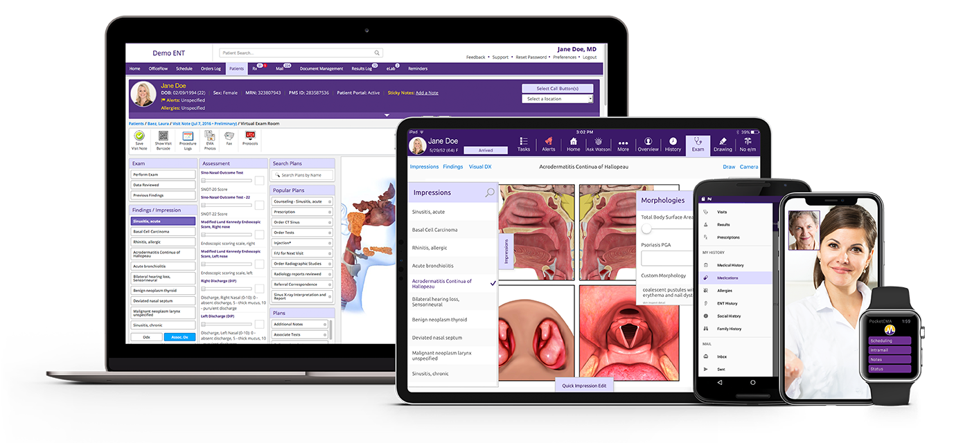ModMed Otolaryngology displayed via browser, iPad, iPhone, Android and Apple Watch 