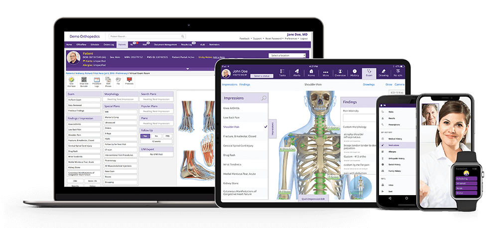 ModMed Orthopedics, seen on browser, iPad, smartphones and Apple Watch