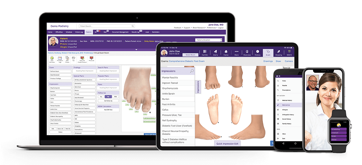 ModMed Podiatry displayed on browser, iPad, smartphones and Apple Watch 