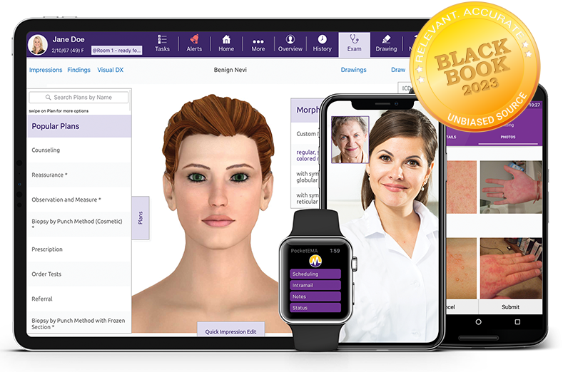 ModMed Dermatology software suite on iPad, iPhone, Android phone, and Apple Watch with Black Book seal