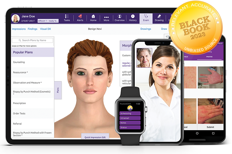 ModMed Dermatology software suite on iPad, iPhone, Android phone, and Apple Watch with Black Book seal ModMed Dermatology software suite on iPad, iPhone, Android phone, and Apple Watch with Black Book seal