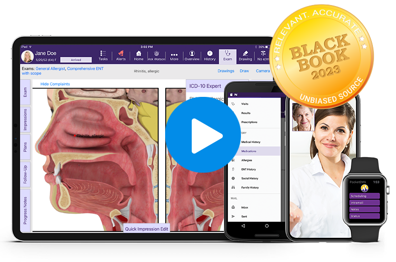 ModMed Otolaryngology software suite on iPad, iPhone, Android phone, and Apple Watch with Black Book seal