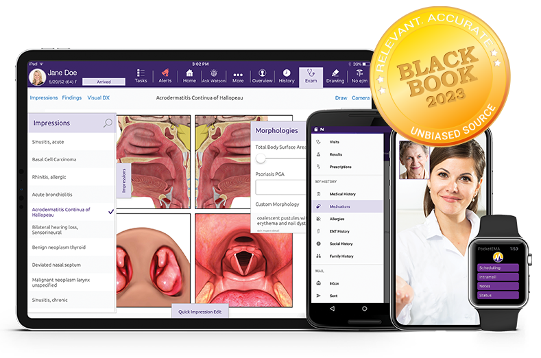 ModMed Otolaryngology software suite on iPad, iPhone, Android phone, and Apple Watch with Black Book seal