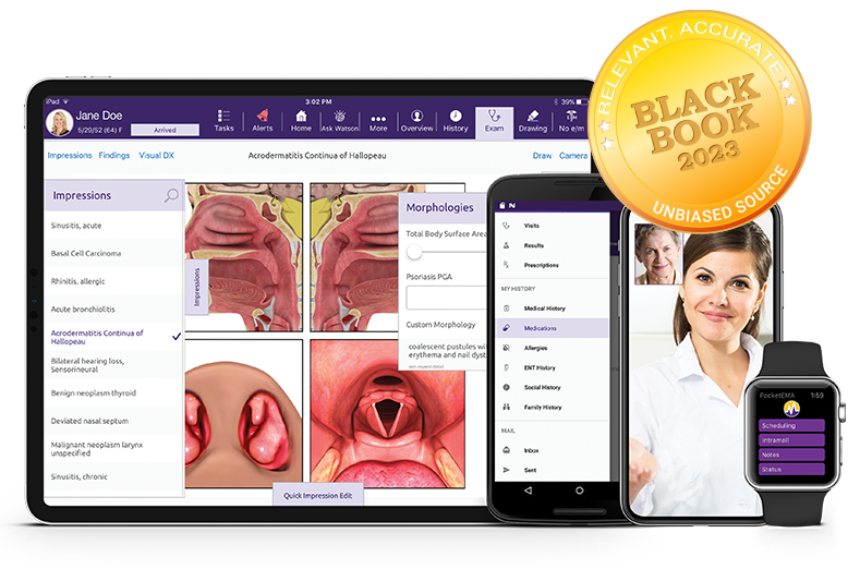 ModMed Otolaryngology software suite on iPad, iPhone, Android phone, and Apple Watch with Black Book seal