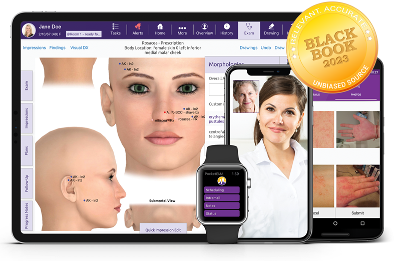 ModMed Dermatology software suite on iPad, iPhone, Android phone, and Apple Watch with Black Book seal