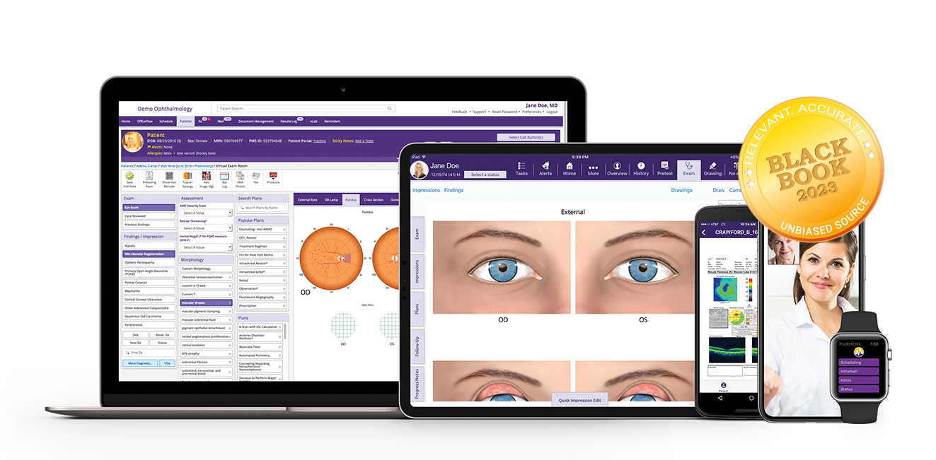 ModMed ophthalmology EHR and software suite for iPad, iPhone, Android phone and Apple Watch with Black Book seal