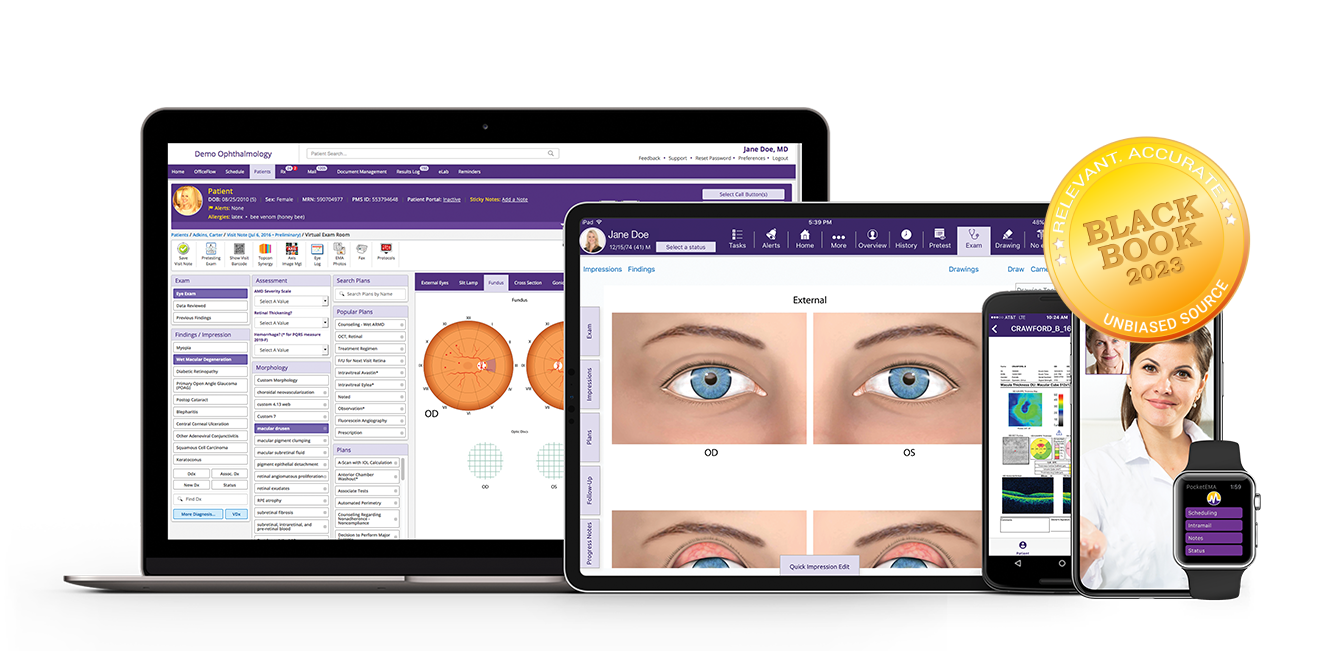 ModMed ophthalmology EHR and software suite for iPad, iPhone, Android phone and Apple Watch with Black Book seal