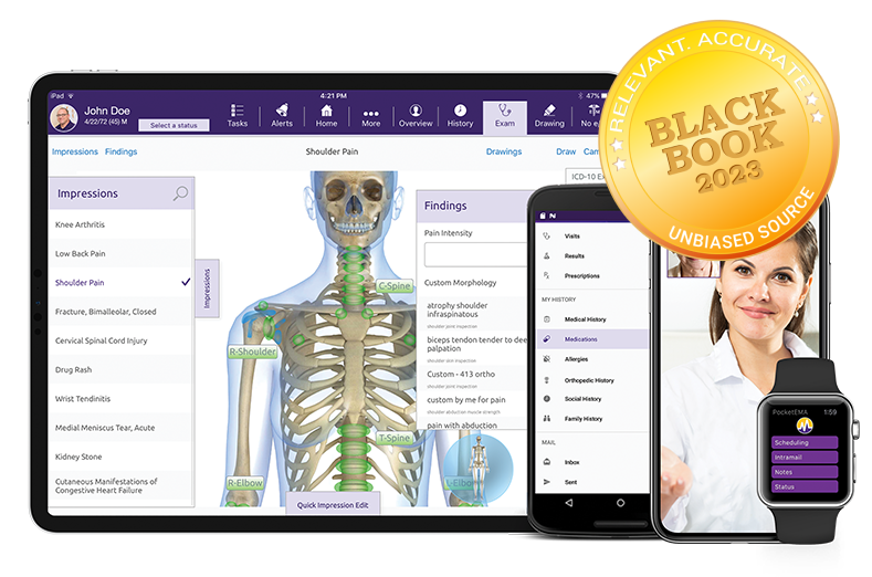 ModMed Orthopedics software suite on iPad, iPhone, Android phone, and Apple Watch with Black Book seal