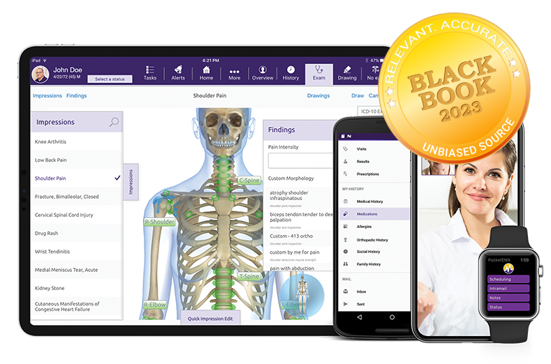 ModMed Orthopedics software suite on iPad, iPhone, Android phone, and Apple Watch with Black Book seal