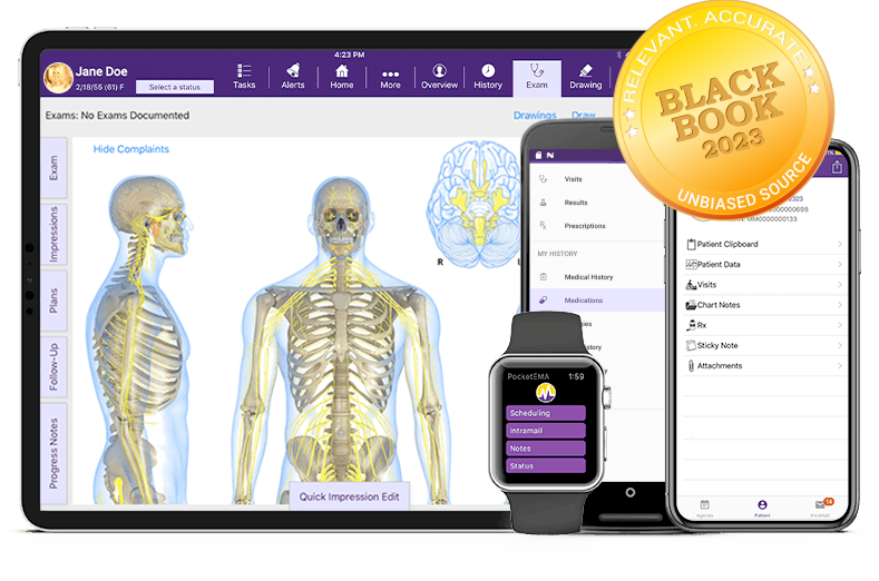 ModMed Pain Management software suite on iPad, iPhone, Android phone, and Apple Watch