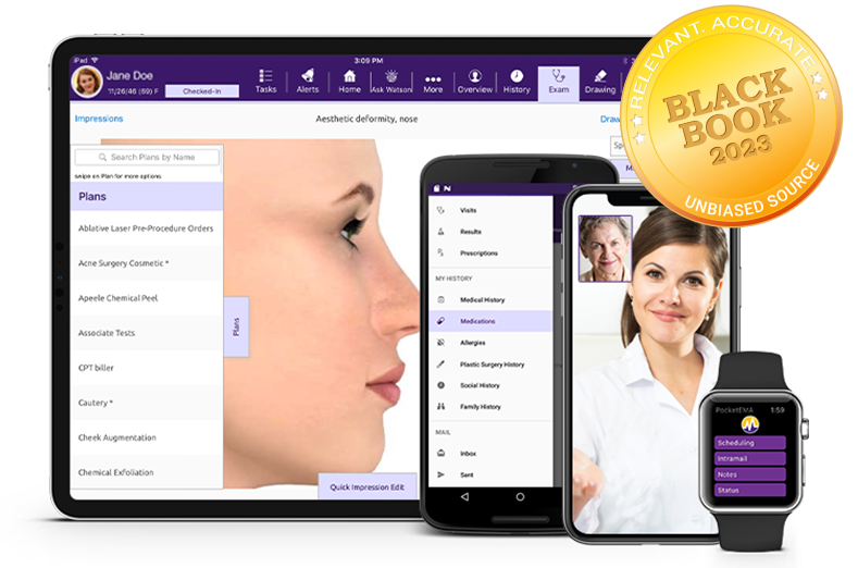 ModMed Plastic Surgery software suite on iPad, iPhone, Android phone, and Apple Watch with Black Book seal