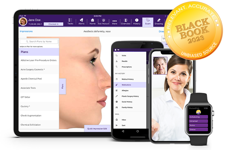 ModMed Plastic Surgery software suite on iPad, iPhone, Android phone, and Apple Watch with Black Book seal ModMed Plastic Surgery software suite on iPad, iPhone, Android phone, and Apple Watch with Black Book seal