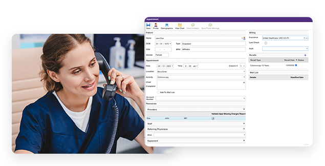 Clinician on the phone; screenshot of appointment scheduling in EHR software