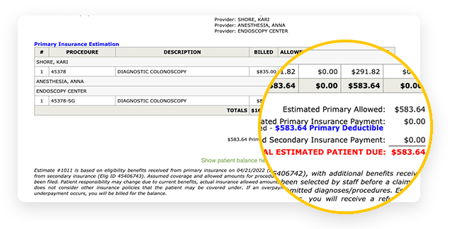 Screenshot of estimated patient bill