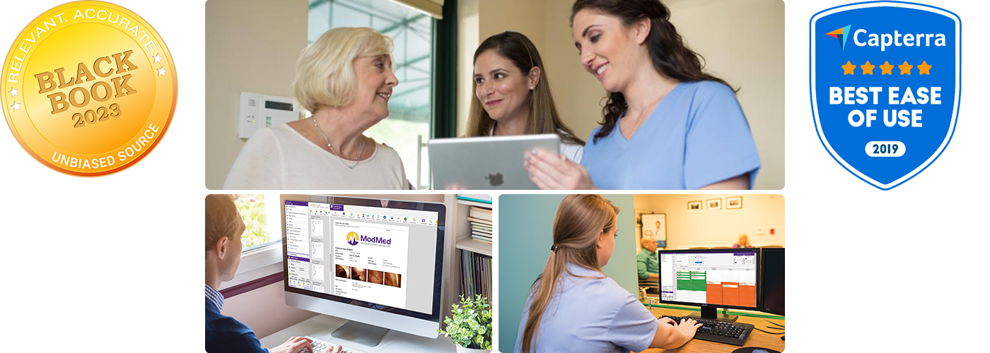 Images of patient and clinicians interacting with EHR software on iPad and desktop