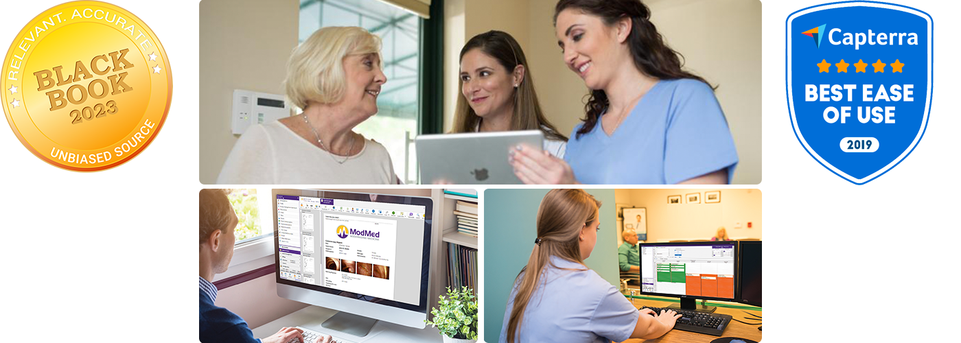 Images of patient and clinicians interacting with EHR software on iPad and desktop Images of patient and clinicians interacting with EHR software on iPad and desktop
