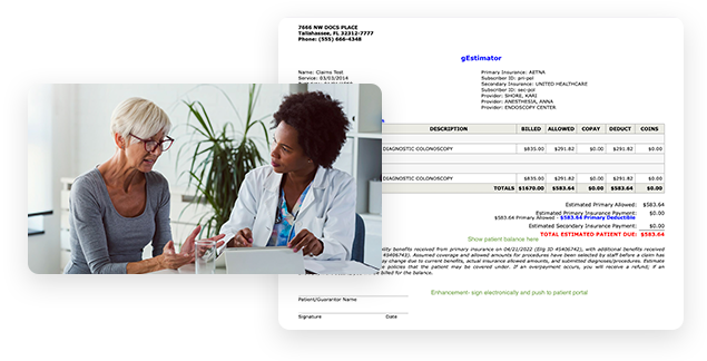 Patient and clinician looking at iPad; screenshot of cost estimator in EHR software