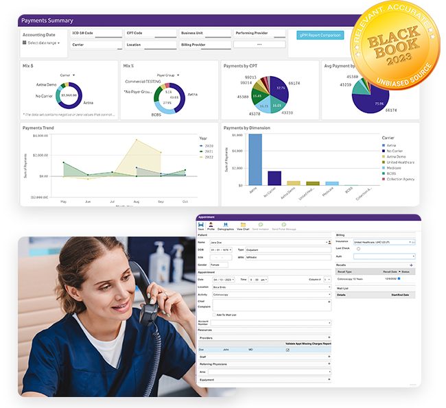 Smiling clinician on the phone and screenshots of appointment scheduling software + Blackbook badge Smiling clinician on the phone and screenshots of appointment scheduling software + Blackbook badge