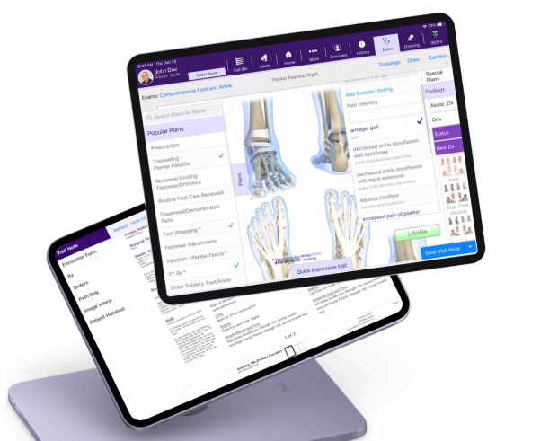 Two tablets showing screens from podiatry electronic health record