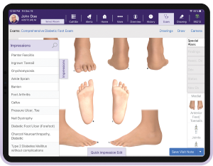 Anatomical diagram of feet from electronic health record on a tablet screen
