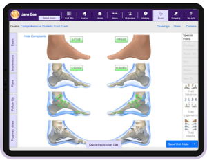 Screenshot from electronic medical record of anatomical and skeletal diagrams of feet
