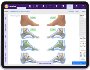 Screenshot from electronic medical record of anatomical and skeletal diagrams of feet