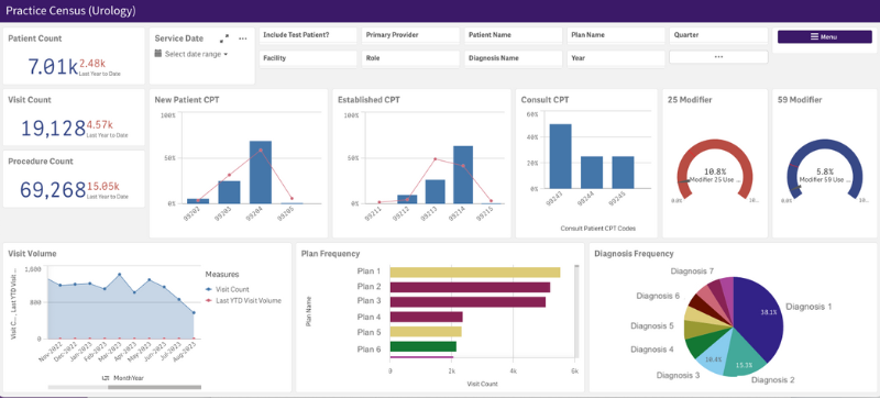 An image of our practice census view on analytics for urology.