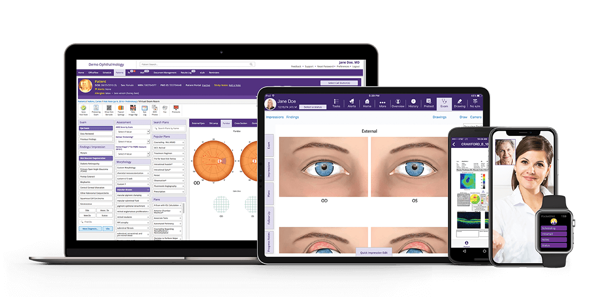 ModMed Ophthalmology displayed on a browser, iPad, smartphone and Apple Watch