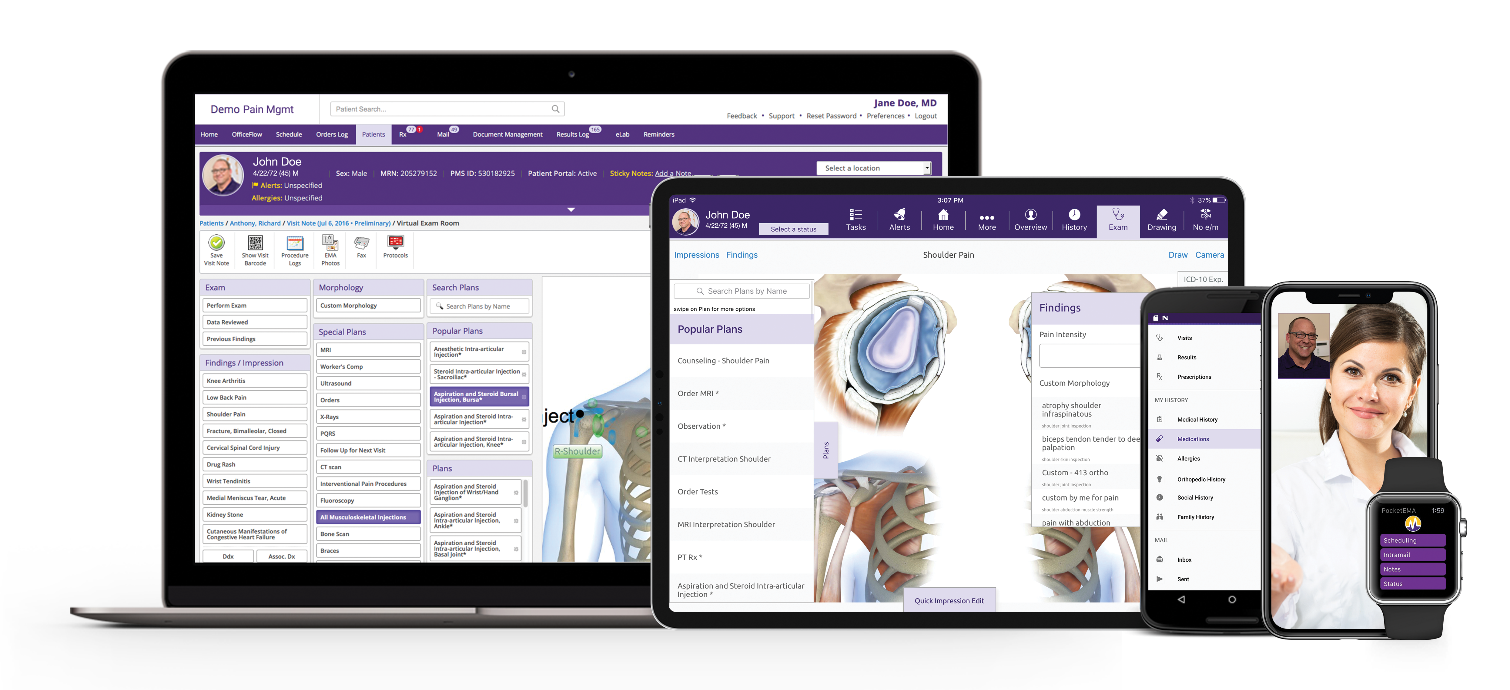 ModMed Pain Management displayed on a browser, iPad, smartphone and Apple Watch 