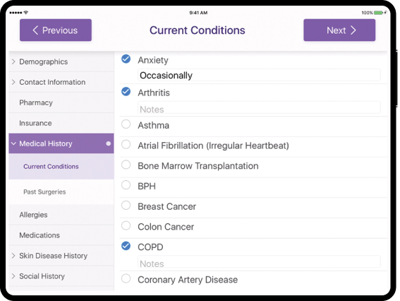 ModMed Kiosk Patient medical history options displayed on iPad for easy check-in