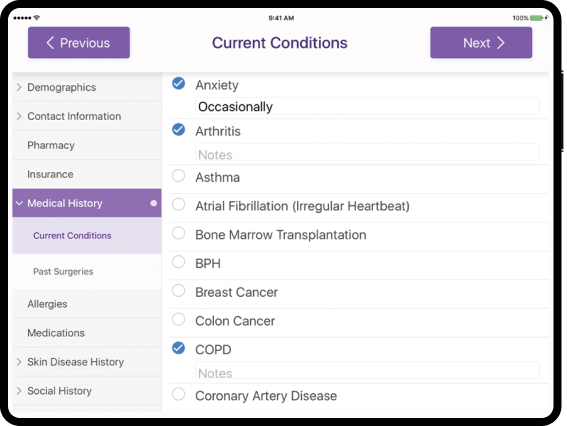 Patient medical history options displayed on iPad for easy check-in