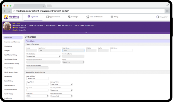 Patient Portal  Patient portal homescreen with tests and results access