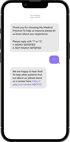Text message with survey question and response options