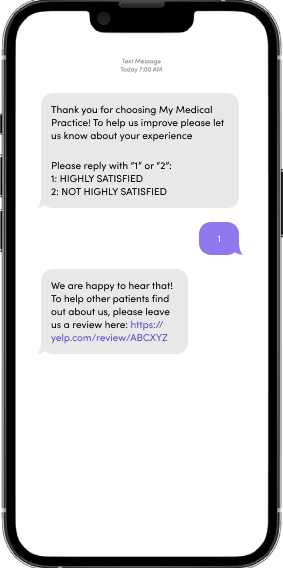 Klara Patient Surveys Text message with survey question and response options
